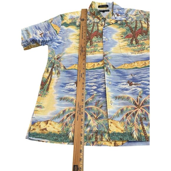 VTG Tommy Hilfiger Island Print Button Up Shirt Short Sleeve Hawaiian Mens Large - Picture 2 of 5